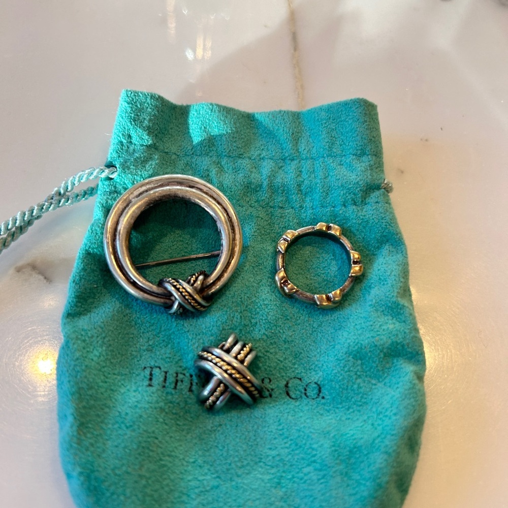 Vintage Tiffany signature set of brooch, ring, pendant (no chain).